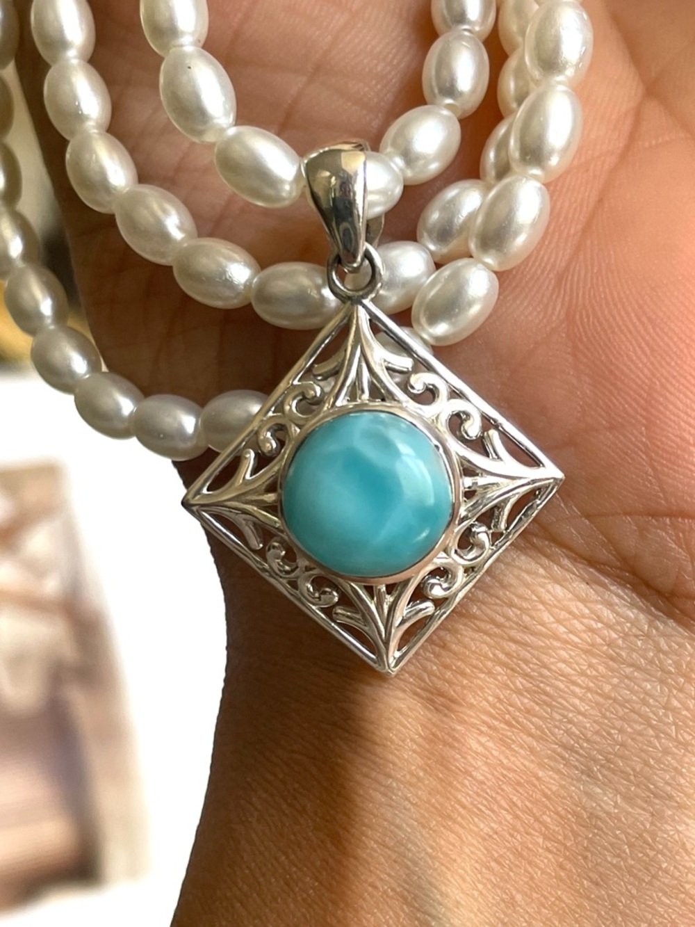 925 Sterling Silver Natural Larimar  Pendant, B O H O
